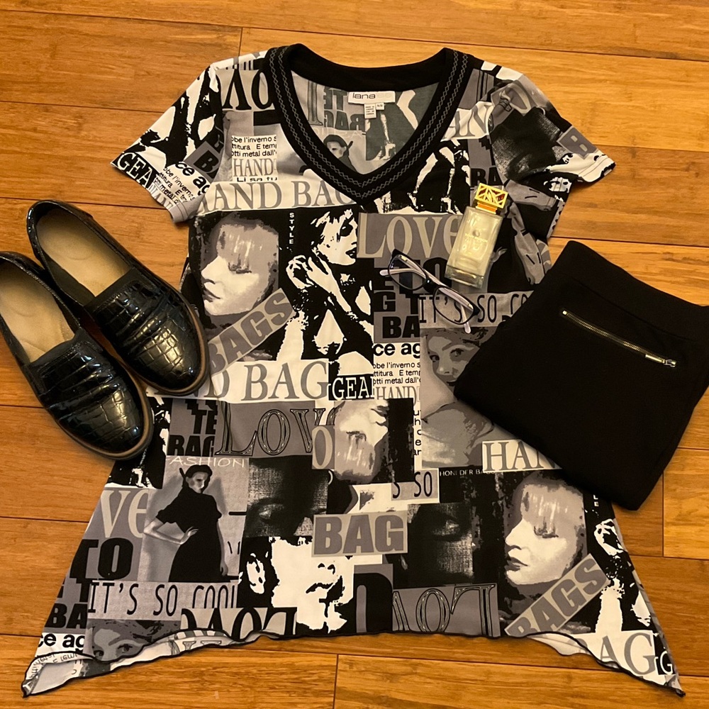 LanaLee Black and Off-White “Love Handbags” Tunic, Size Medium
